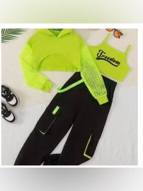 Girls Neon Green Dance Outfit Set Hoodie Joggers Tank 7–8Y